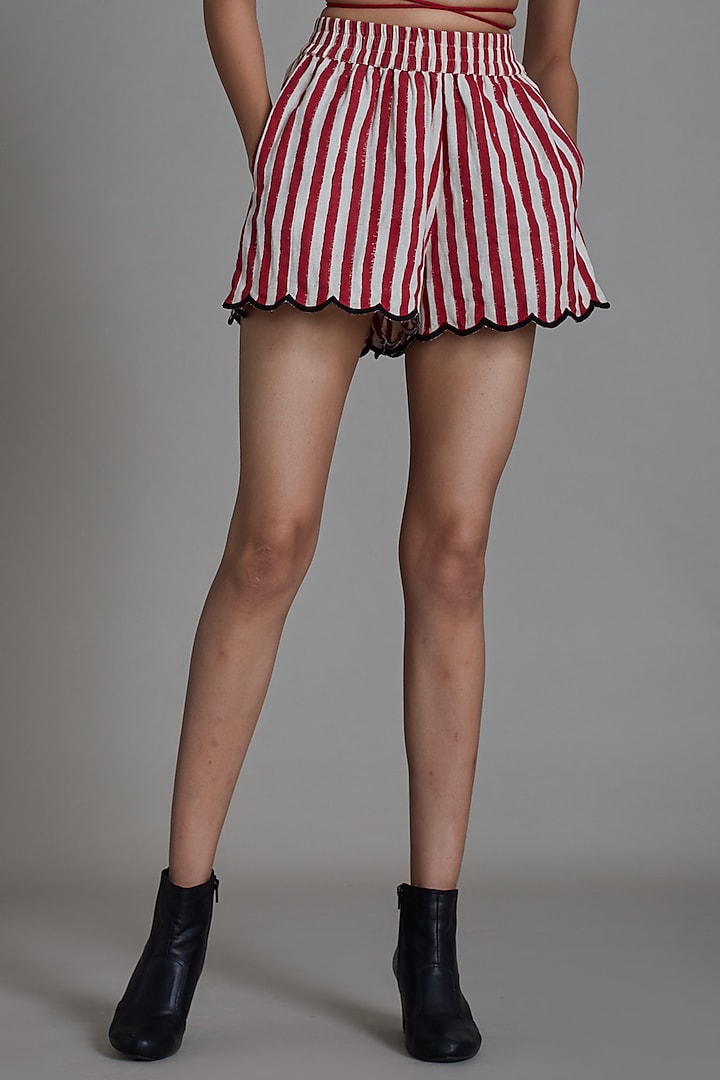 Red Cotton Printed & Embroidered Handwoven Shorts by Mati