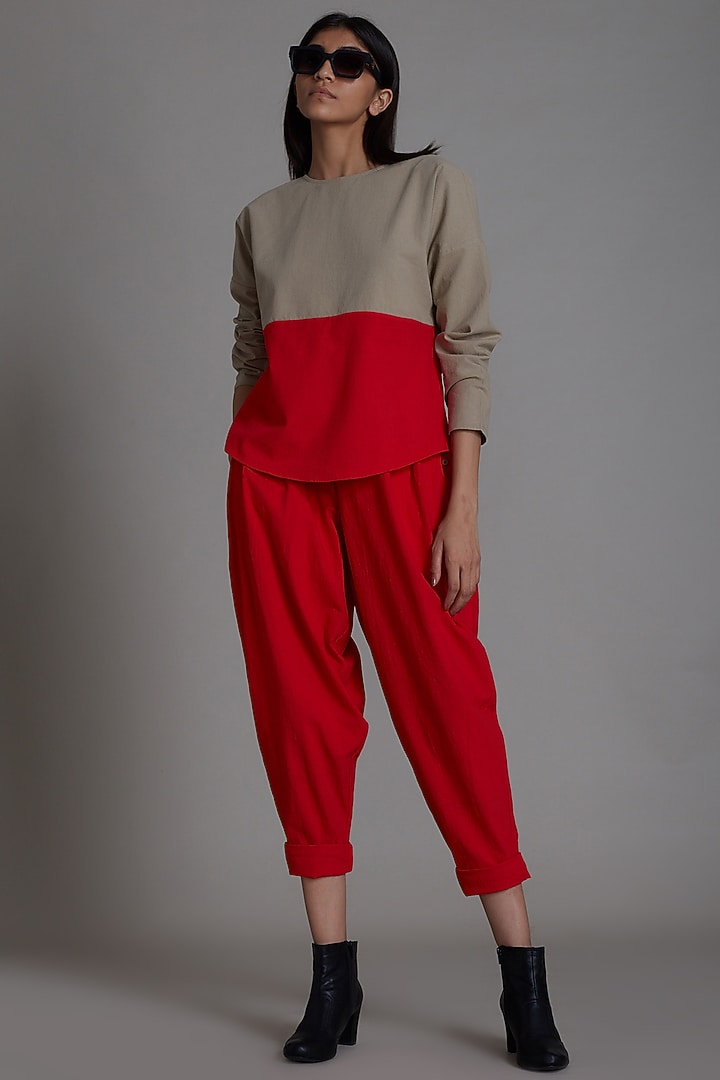 Beige & Red Cotton Co-Ord Set by Mati at Pernia's Pop Up Shop