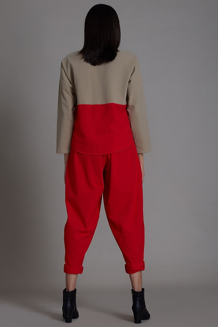 Beige & Red Cotton Co-Ord Set by Mati at Pernia's Pop Up Shop
