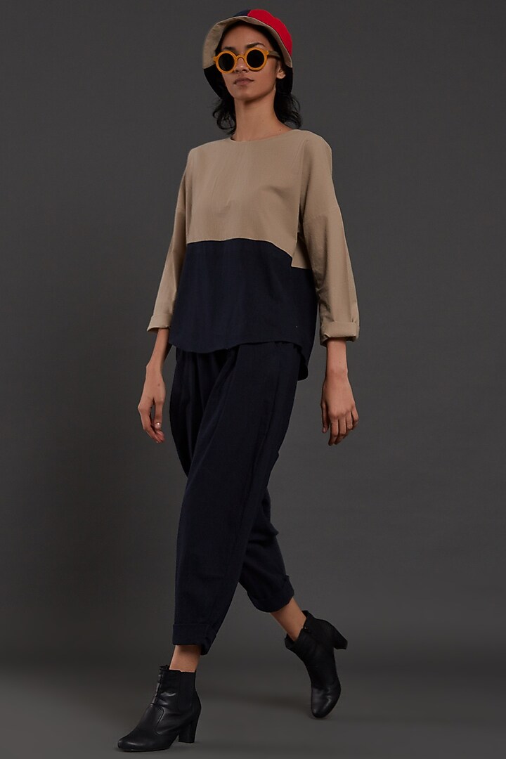 Beige & Navy Blue Cotton Co-Ord Set by Mati at Pernia's Pop Up Shop