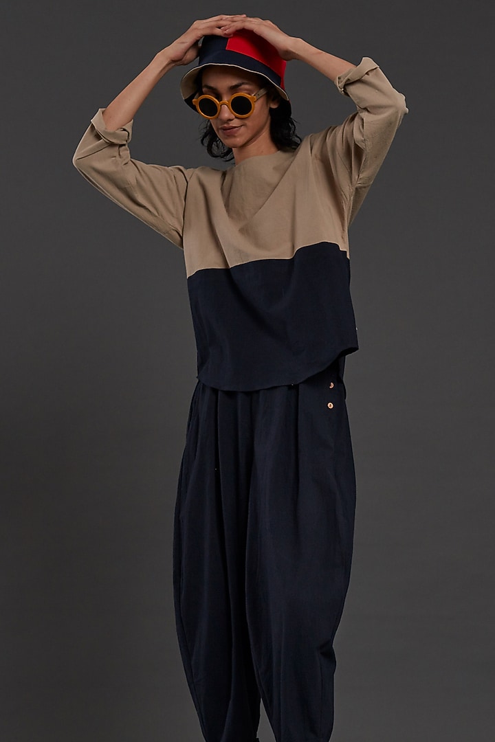 Beige & Navy Blue Cotton Co-Ord Set by Mati at Pernia's Pop Up Shop