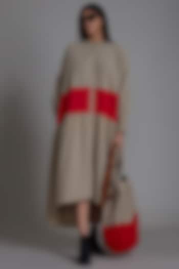 Beige & Red Cotton Color Blocked Shirt Dress by Mati