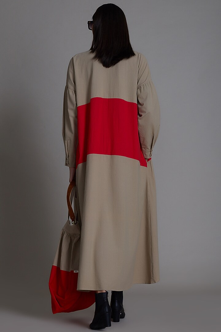 Beige & Red Cotton Color Blocked Vacation Shirt Dress by Mati at Pernia's Pop Up Shop