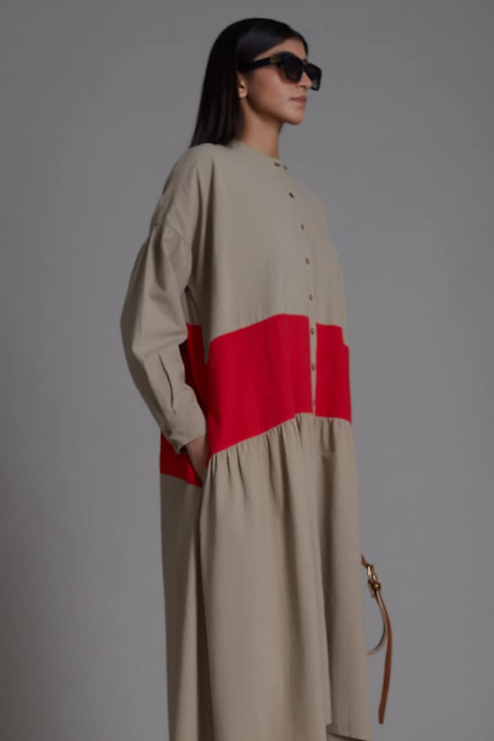 Beige & Red Cotton Color Blocked Vacation Shirt Dress by Mati at Pernia's Pop Up Shop