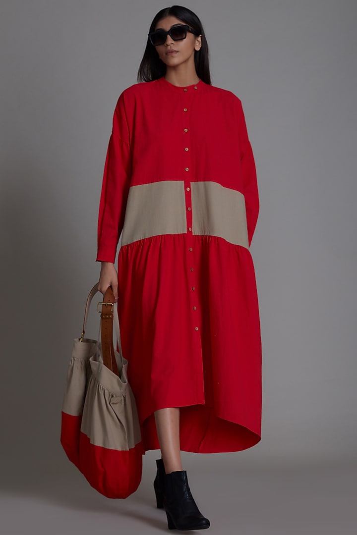 Red & Beige Cotton Color Blocked Shirt Dress by Mati