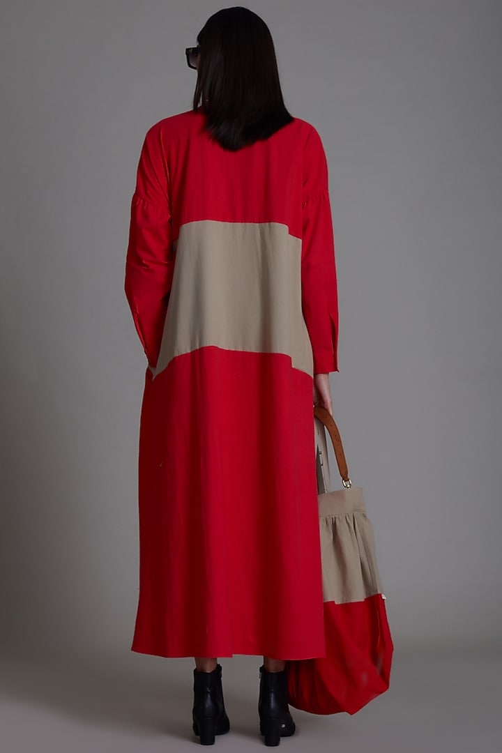 Red & Beige Cotton Color Blocked Vacation Shirt Dress by Mati at Pernia's Pop Up Shop