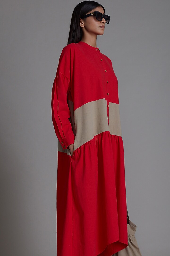 Red & Beige Cotton Color Blocked Vacation Shirt Dress by Mati at Pernia's Pop Up Shop