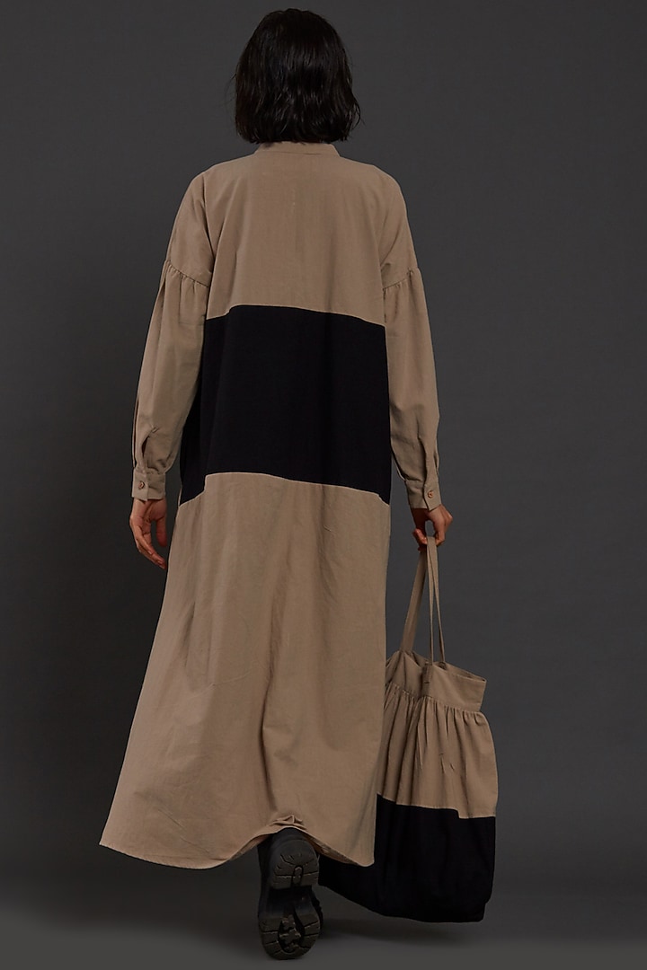 Beige & Black Cotton Color Blocked Vacation Shirt Dress by Mati at Pernia's Pop Up Shop