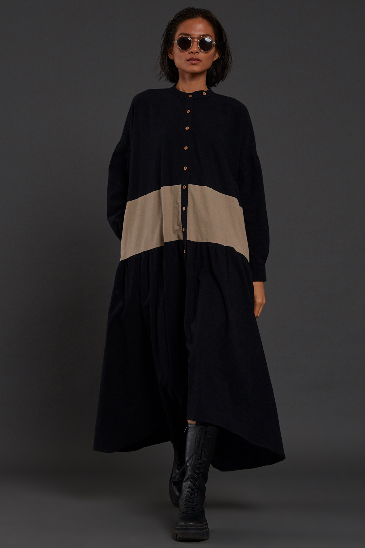 Black & Beige Cotton Color Blocked Shirt Dress by Mati