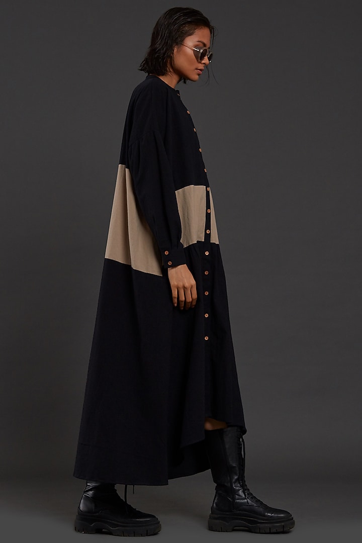 Black & Beige Cotton Color Blocked Vacation Shirt Dress by Mati at Pernia's Pop Up Shop