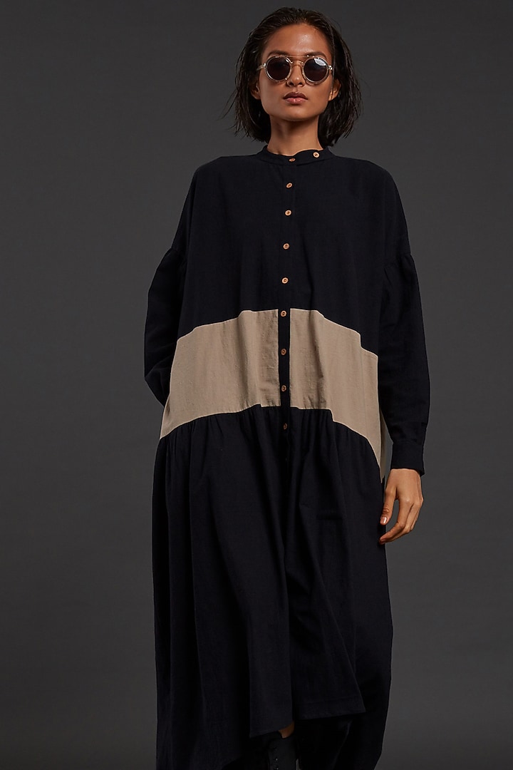 Black & Beige Cotton Color Blocked Vacation Shirt Dress by Mati at Pernia's Pop Up Shop