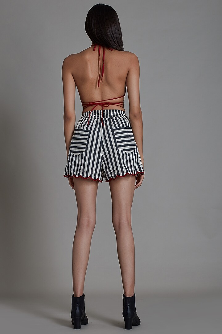 Black Cotton Printed & Embroidered Handwoven Shorts by Mati at Pernia's Pop Up Shop