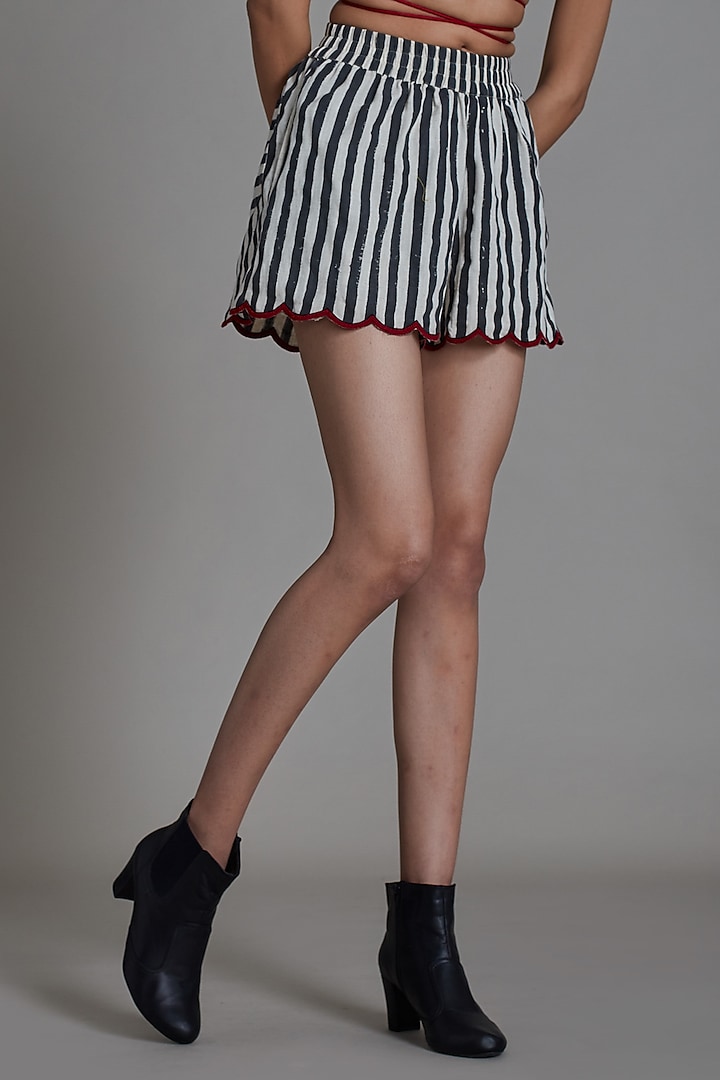 Black Cotton Printed & Embroidered Handwoven Shorts by Mati