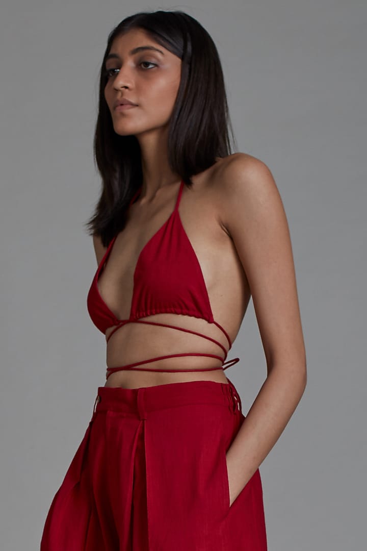 Red Cotton Wrapped Handwoven Bralette by Mati at Pernia's Pop Up Shop