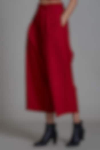 Red Cotton Wide Legged & Pleated Hand Woven Pants by Mati