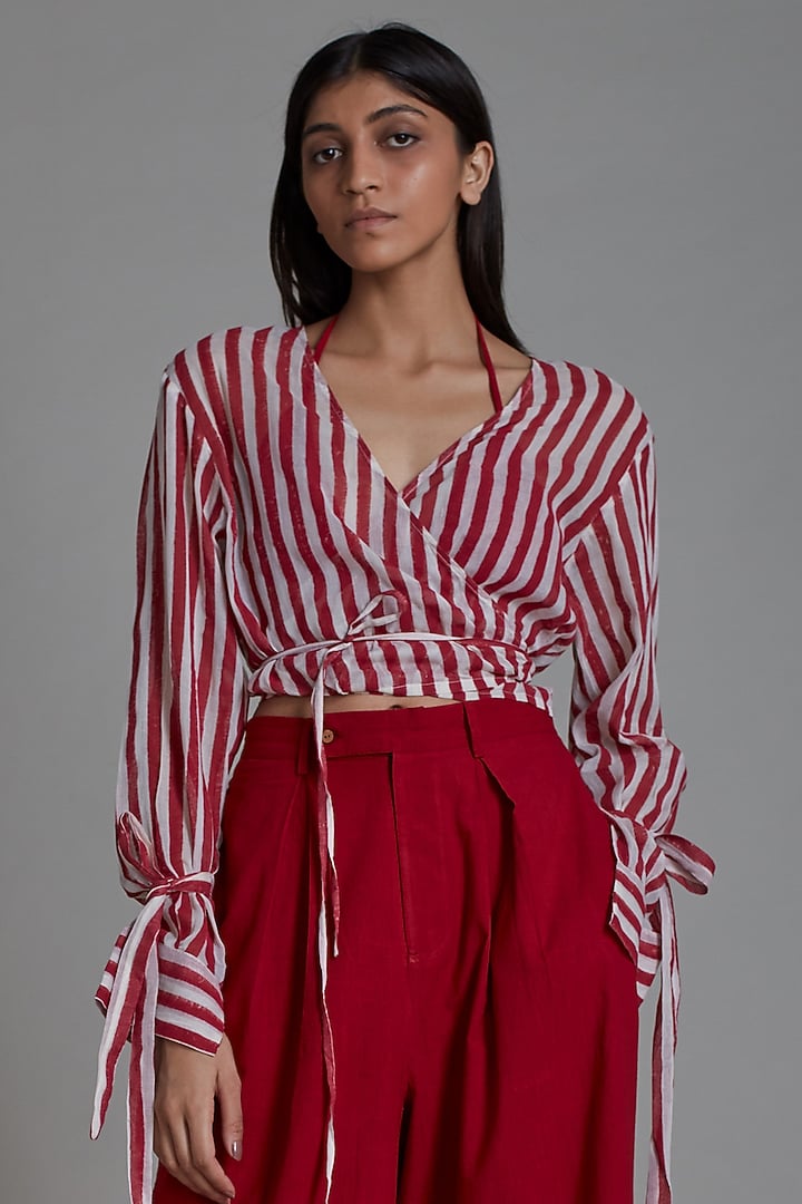 Red Cotton Printed Handwoven Shirt by Mati at Pernia's Pop Up Shop