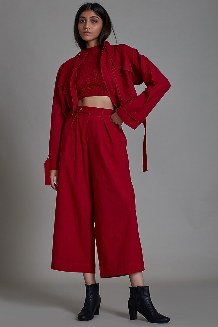 Red Cotton Handwoven Jacket Set by Mati at Pernia's Pop Up Shop