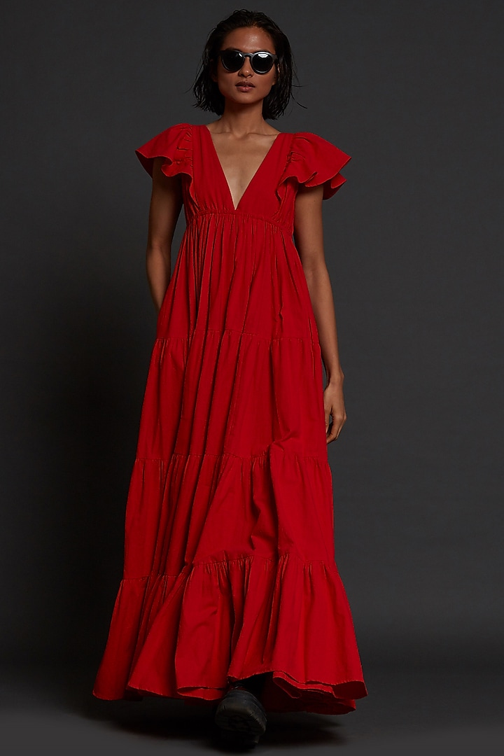 Red Cotton Tiered Gown by Mati