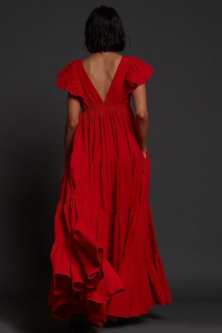 Red Cotton Tiered Party Wear Gown by Mati at Pernia's Pop Up Shop