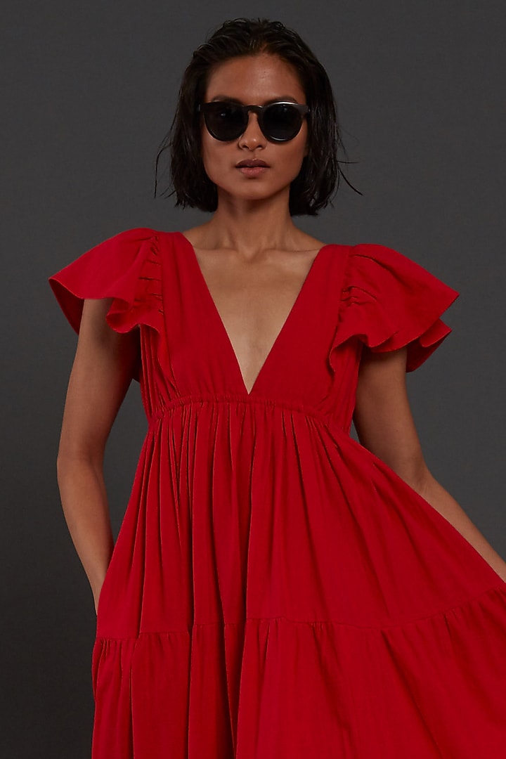 Red Cotton Tiered Party Wear Gown by Mati at Pernia's Pop Up Shop