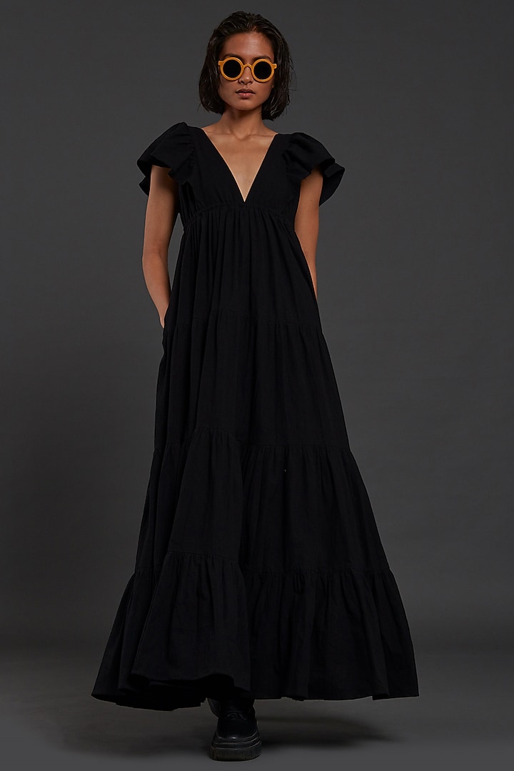 Black Cotton Tiered Gown by Mati