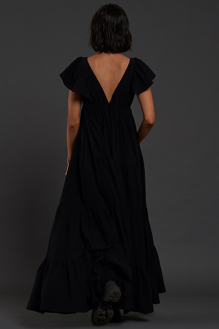 Black Cotton Tiered Party Wear Gown by Mati at Pernia's Pop Up Shop