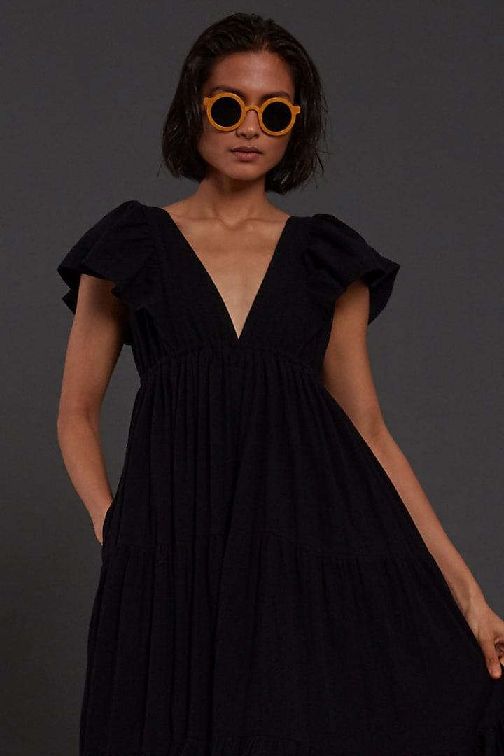 Black Cotton Tiered Party Wear Gown by Mati at Pernia's Pop Up Shop