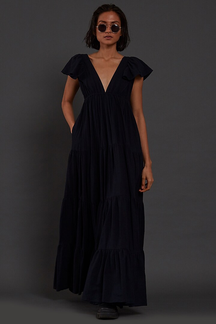 Navy Blue Cotton Tiered Gown by Mati