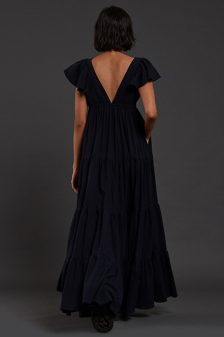 Navy Blue Cotton Tiered Party Wear Gown by Mati at Pernia's Pop Up Shop