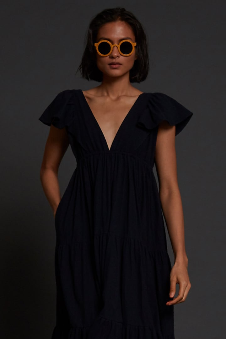 Navy Blue Cotton Tiered Party Wear Gown by Mati at Pernia's Pop Up Shop