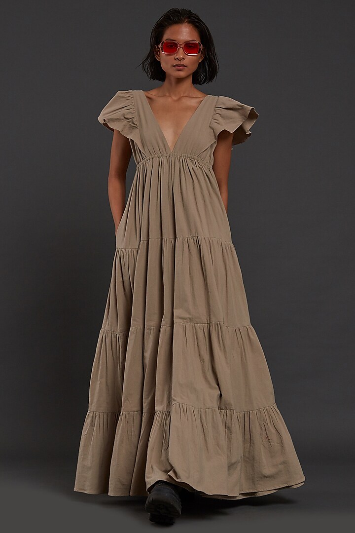 Beige Cotton Tiered Gown by Mati
