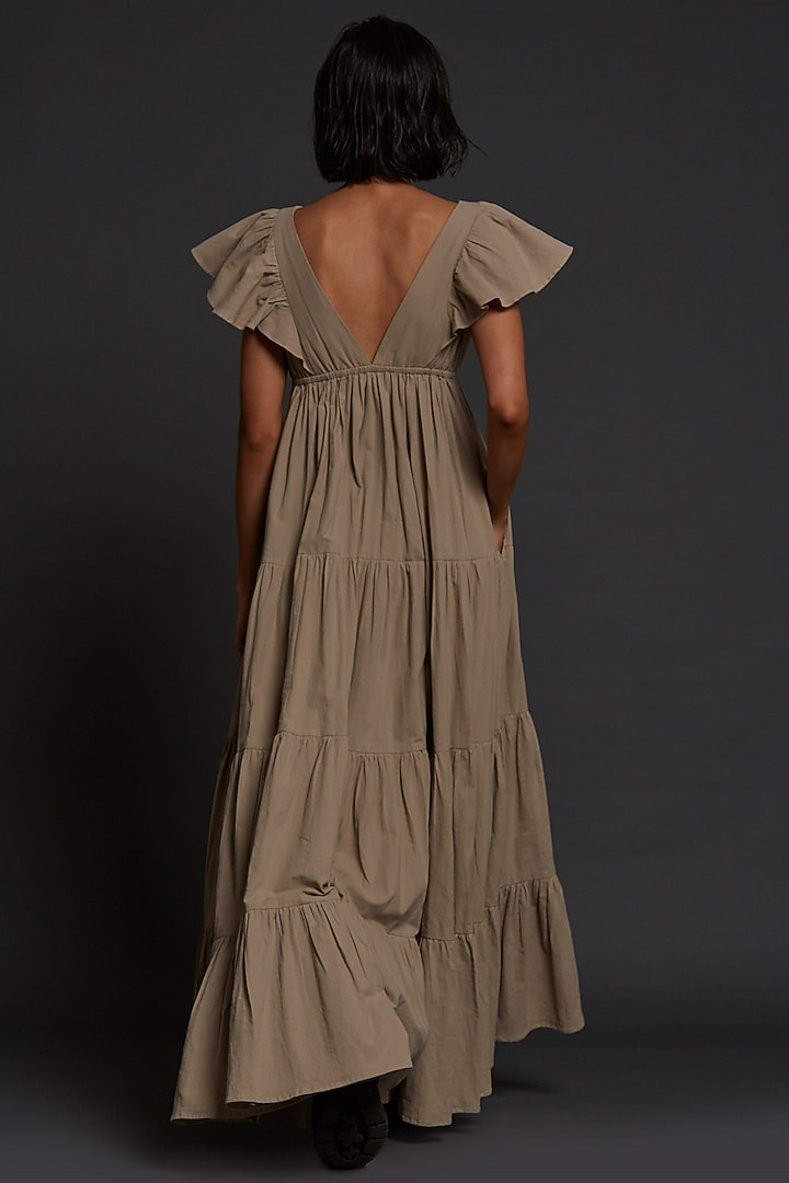 Beige Cotton Tiered Party Wear Gown by Mati at Pernia's Pop Up Shop