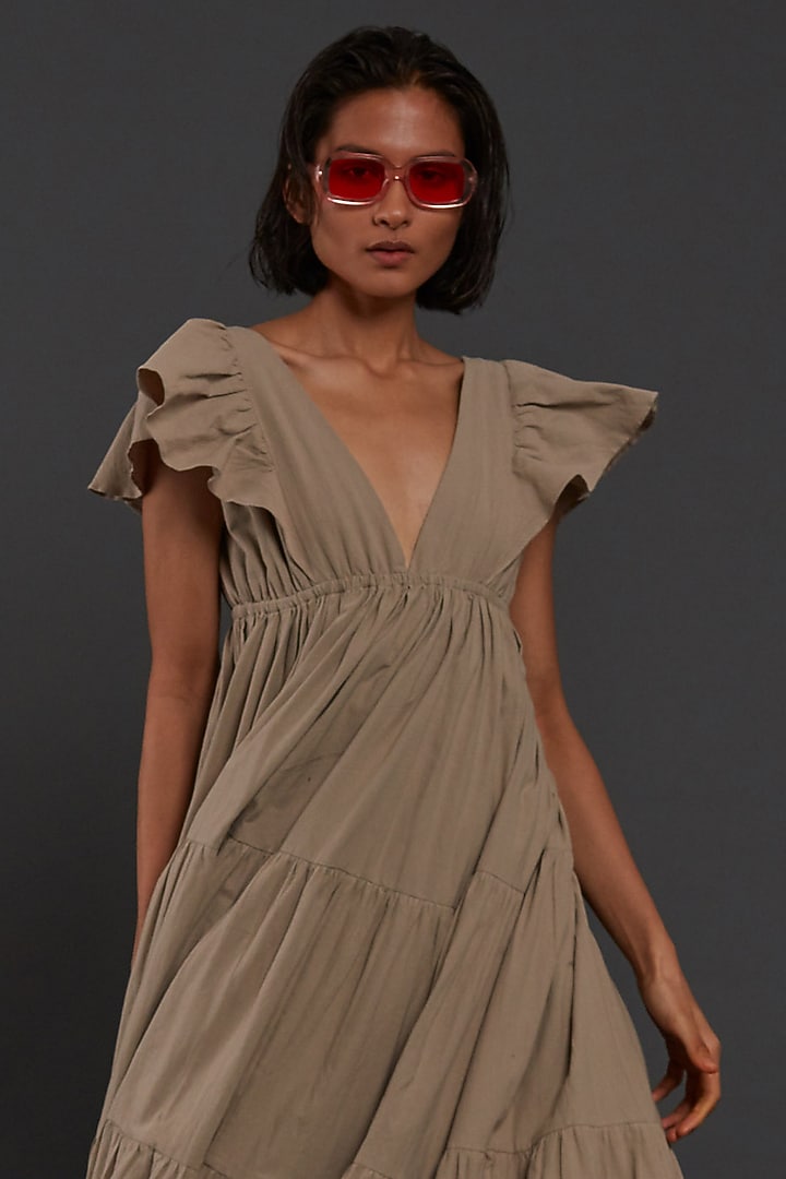 Beige Cotton Tiered Party Wear Gown by Mati at Pernia's Pop Up Shop