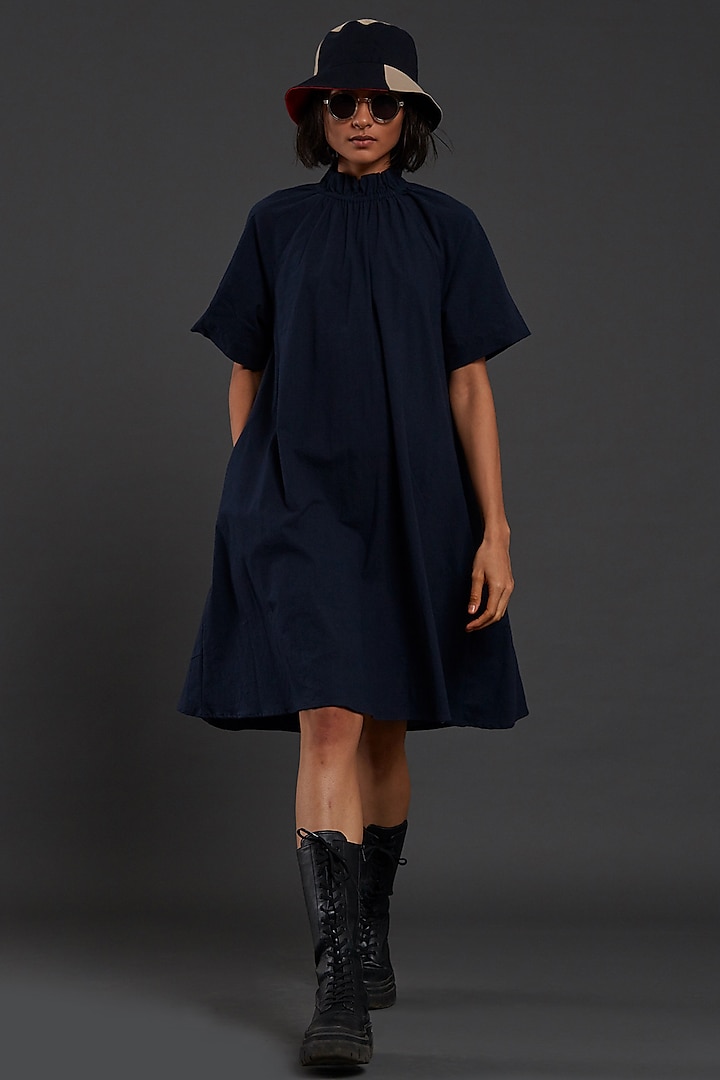 Navy Blue Cotton Shift Dress by Mati