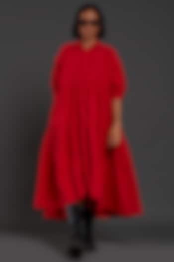 Red Cotton Tiered Shirt Dress by Mati