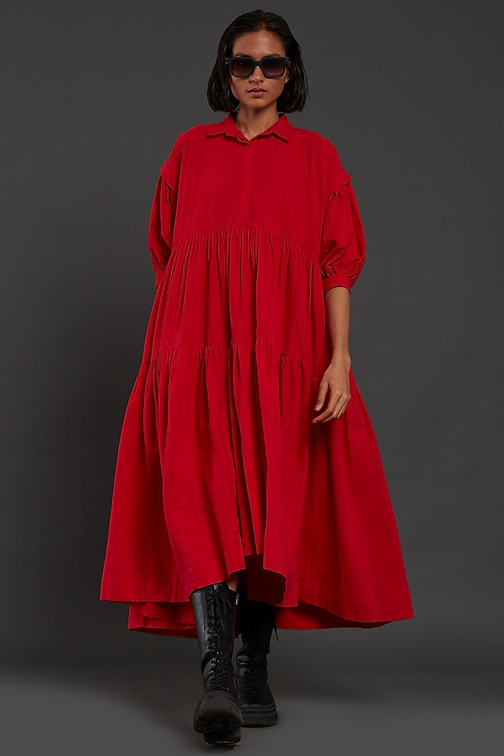Red Cotton Tiered Shirt Dress by Mati