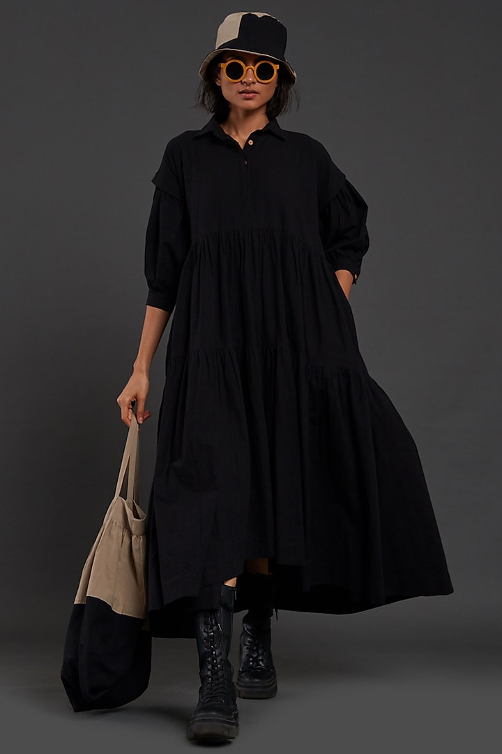 Black Cotton Tiered Shirt Dress by Mati