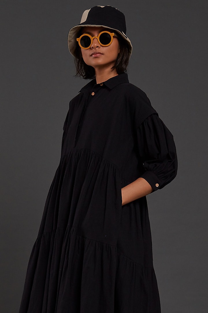 Black Cotton Tiered Vacation Shirt Dress by Mati at Pernia's Pop Up Shop
