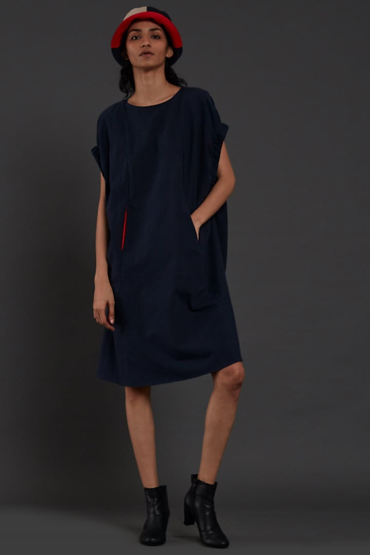 Navy Blue Cotton Shift Dress by Mati