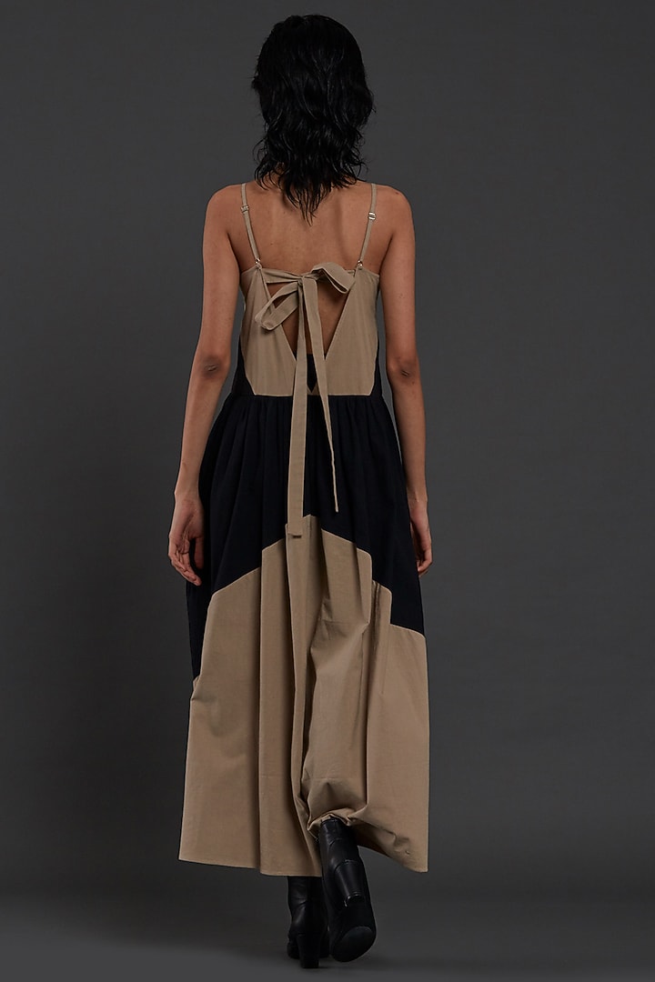 Beige & Black Cotton Color Blocked Vacation Dress by Mati at Pernia's Pop Up Shop