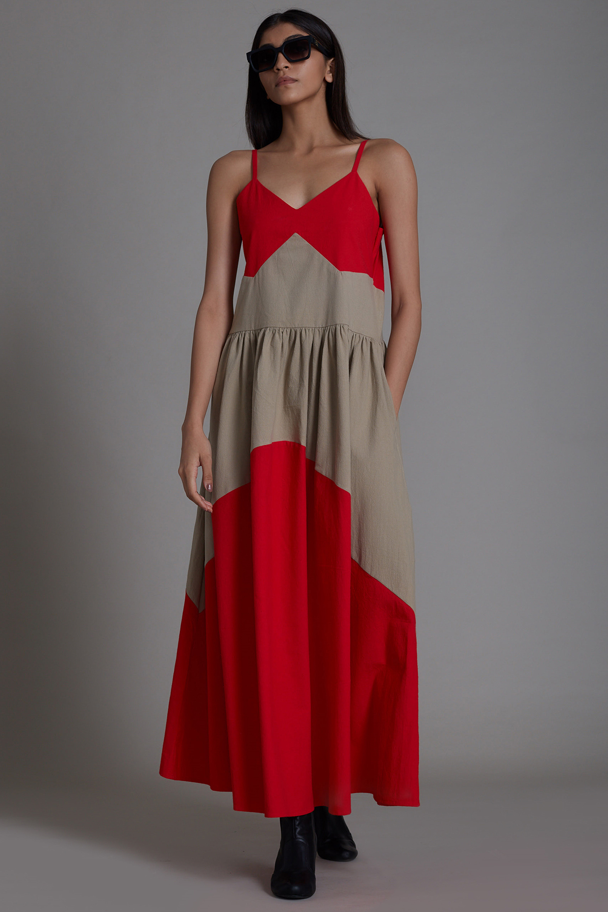 Red & Beige Cotton Color Blocked Dress by Mati