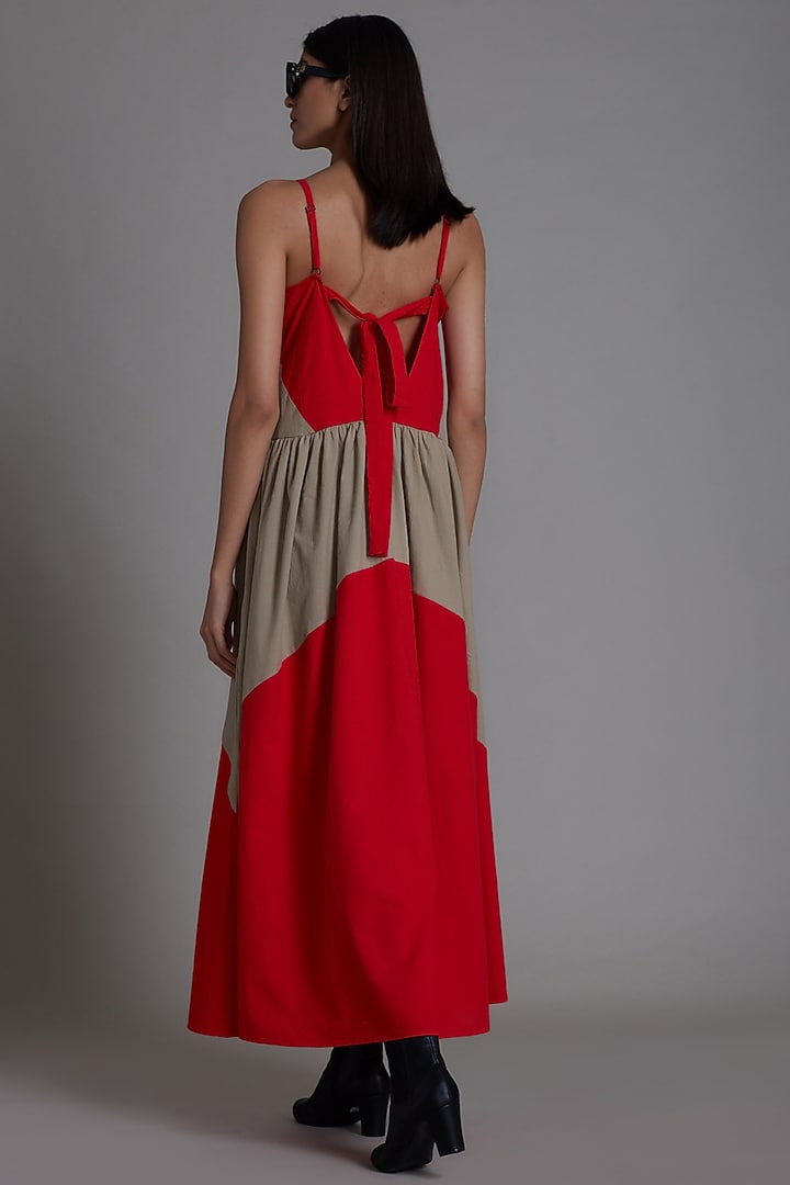 Red & Beige Cotton Color Blocked Vacation Dress by Mati at Pernia's Pop Up Shop