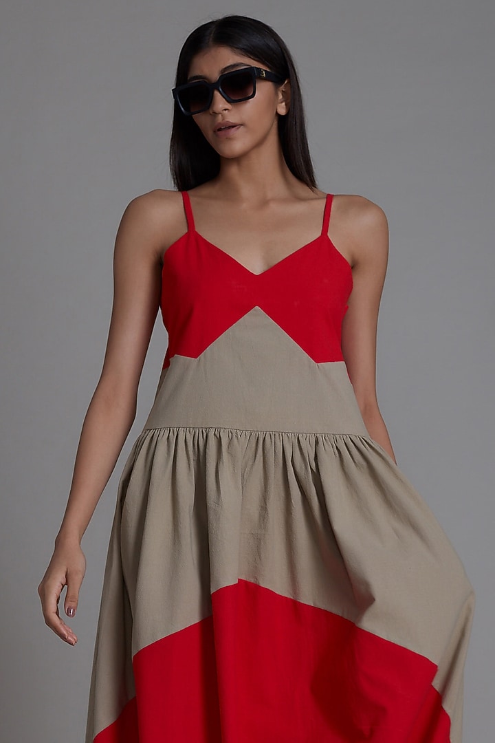 Red & Beige Cotton Color Blocked Vacation Dress by Mati at Pernia's Pop Up Shop