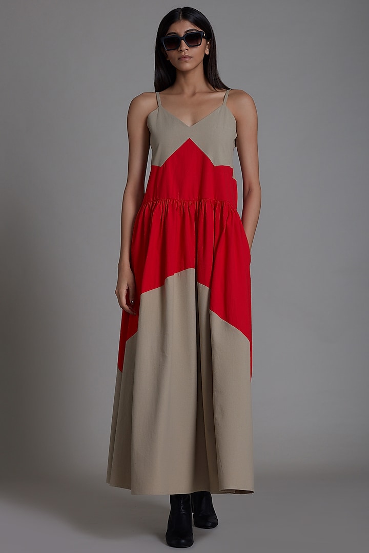 Beige & Red Cotton Color Blocked Dress by Mati