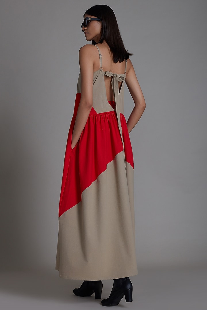 Beige & Red Cotton Color Blocked Vacation Dress by Mati at Pernia's Pop Up Shop