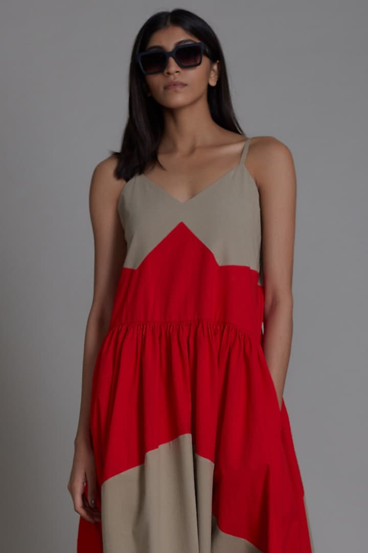 Beige & Red Cotton Color Blocked Vacation Dress by Mati at Pernia's Pop Up Shop