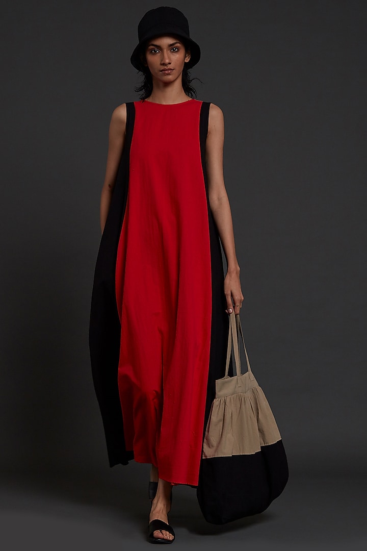 Red Cotton Color Blocked Dress by Mati