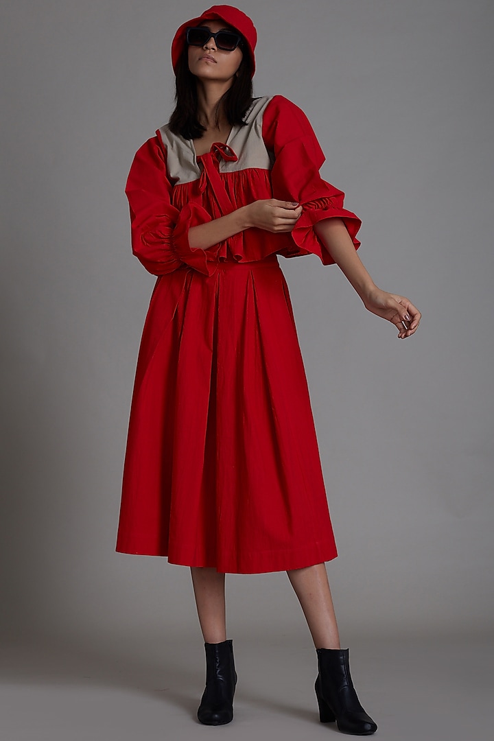 Red Cotton Pleated Skirt Set by Mati