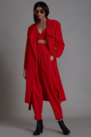 Red Cotton Jacket Set by Mati