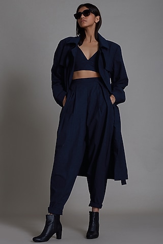 Navy Blue Cotton Jacket Set by Mati